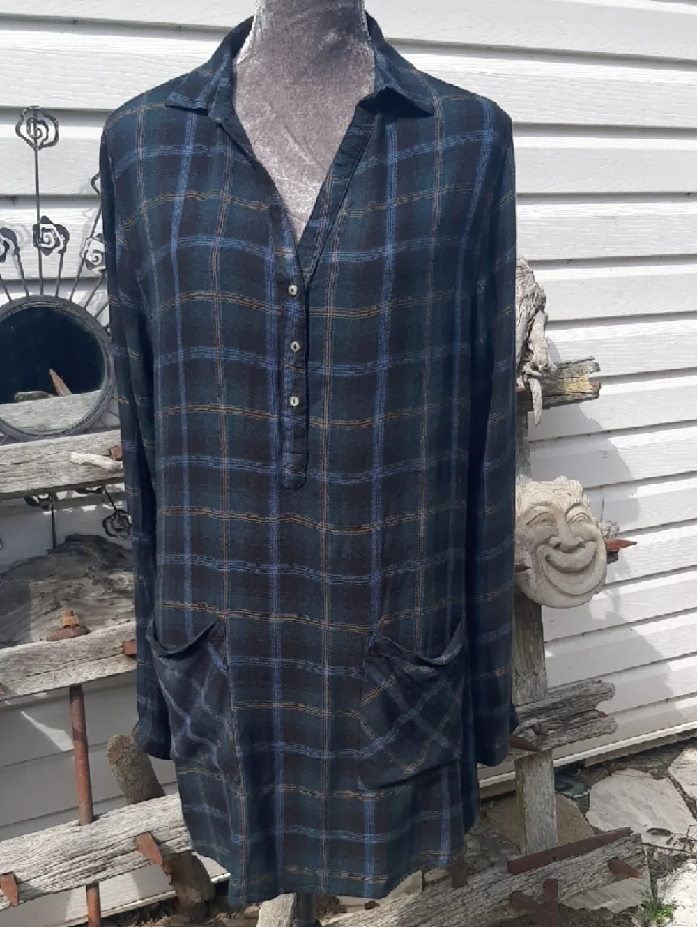 HARLOW๐Relaxed Plaid Shirt Dress in Dark Green & Navy SO SOFT, Tab Sleeves Sz L - Picture 3 of 10